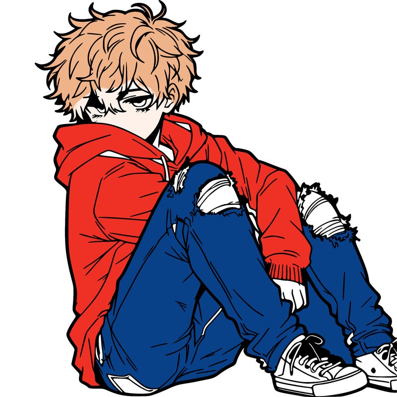 a male hoddie ripped jeans messy hair anime