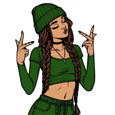 realistic teenage girl with braids and a beanie and crop top doing 🫶🏼