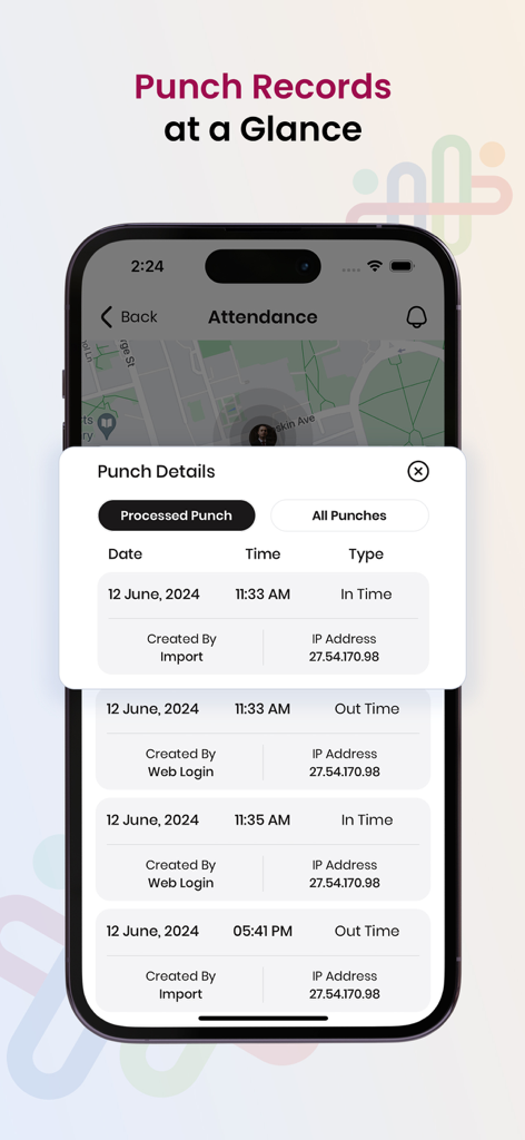 HR HUB: HRMS & Payroll App - Pantalla de la aplicación HR HUB que muestra los registros de fichaje de asistencia de los empleados y los detalles de geolocalización.
