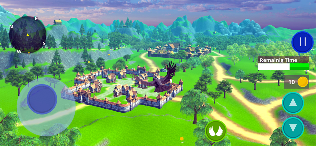 Raven Crow Bird Simulator 3D - A raven flying over a medieval village with stone walls and green landscapes in a 3D bird simulator game.