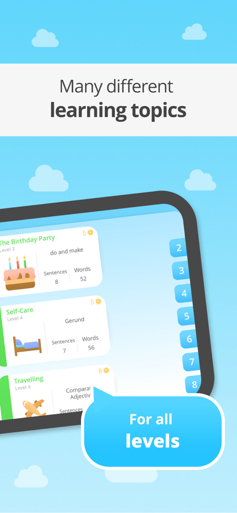 Interface of Easy Peasy Spelling app showing different learning topics and levels for kids