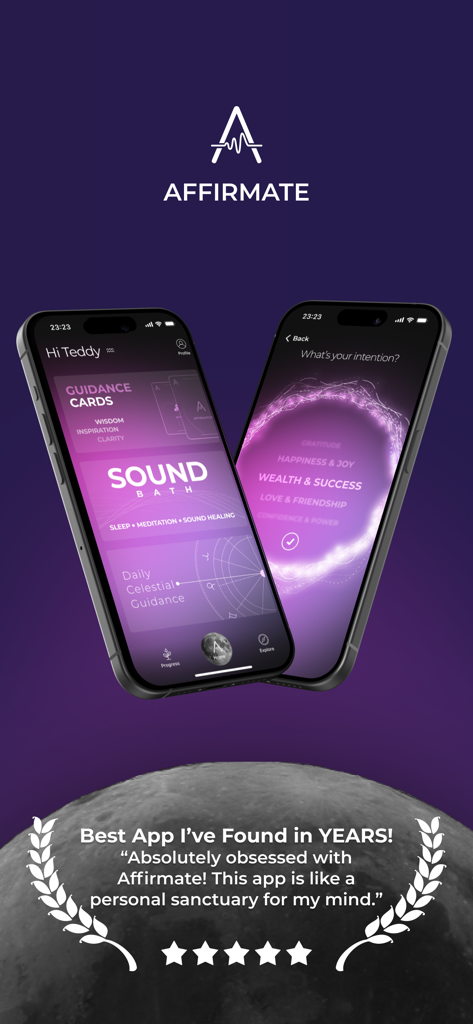 Dos iPhones mostrando la interfaz de la aplicación Affirmate con funciones como Baño de Sonido y Cartas de Guía sobre una reseña de usuario de cinco estrellas en un fondo de luna morada.