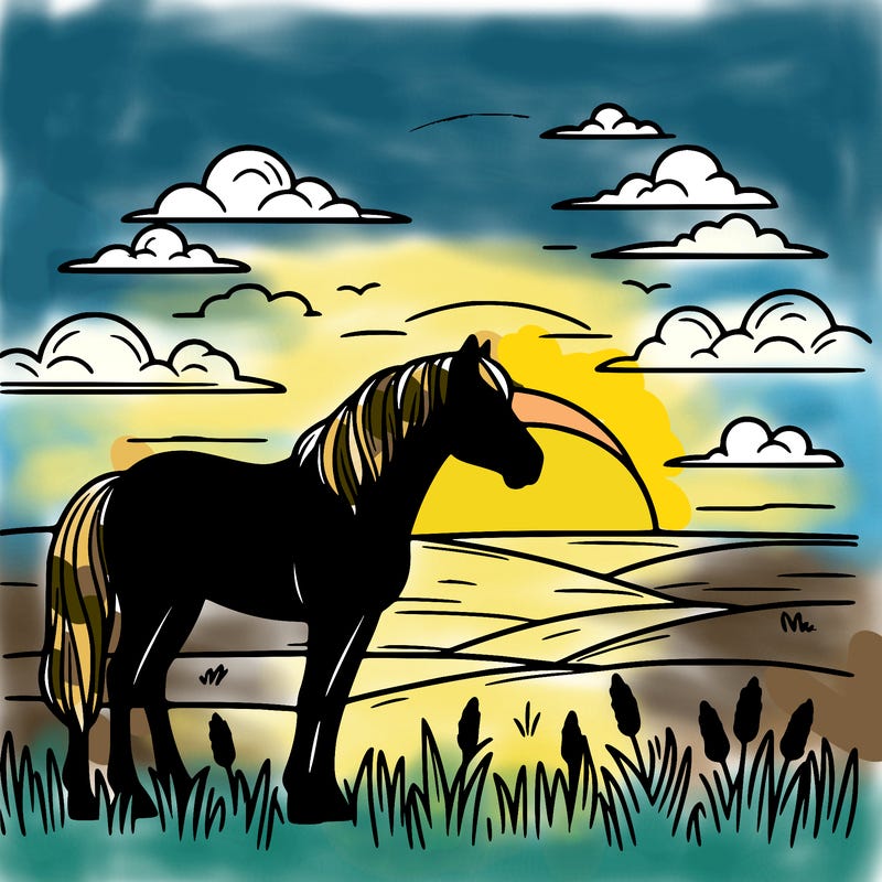 sunrise on a open field with horse silouit