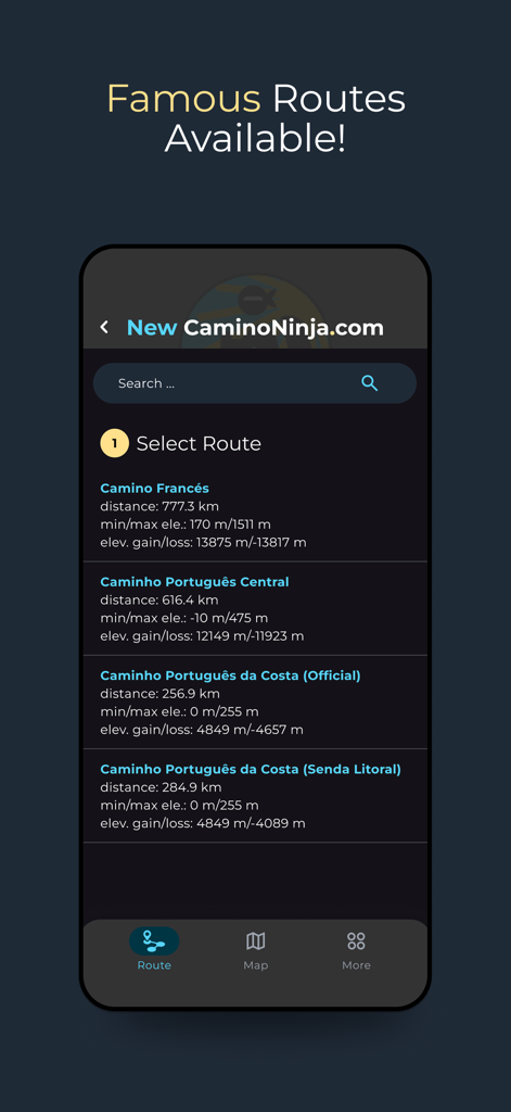 Camino Ninja App - Screenshot of the Camino Ninja app displaying a list of famous pilgrimage routes with distance and elevation details