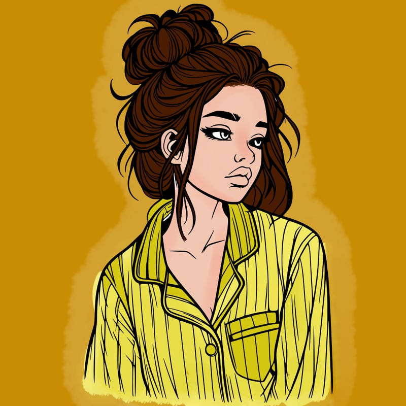 realistic woman with pajamas on and a messy bun
