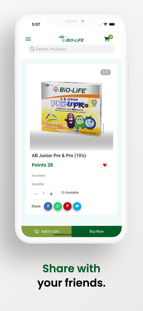 BiO-LiFE - BiO-LiFE app product page for AB Junior Pre and Pro supplements featuring buy now and social media sharing options