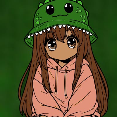 girl with anime shaped eyes with a dinosaur bucket hat oversized sweatshirt long straight hair