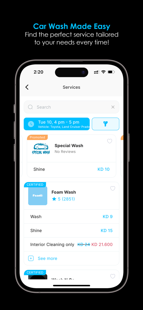 Mobile app interface of Ghaseel showing various on-demand car wash service packages and pricing