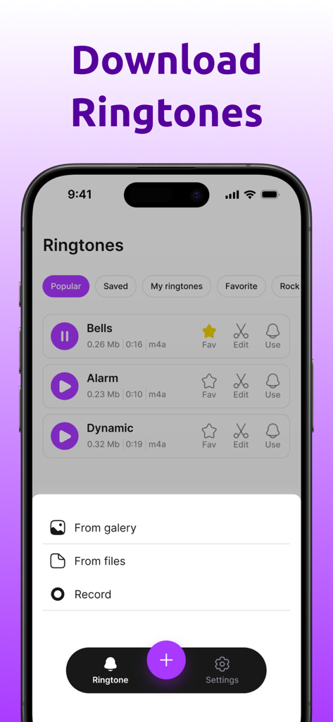 Ringtone Maker & Custom Tones - TikT Ringtone Maker app interface showing a list of popular tones and options to import audio from gallery or files