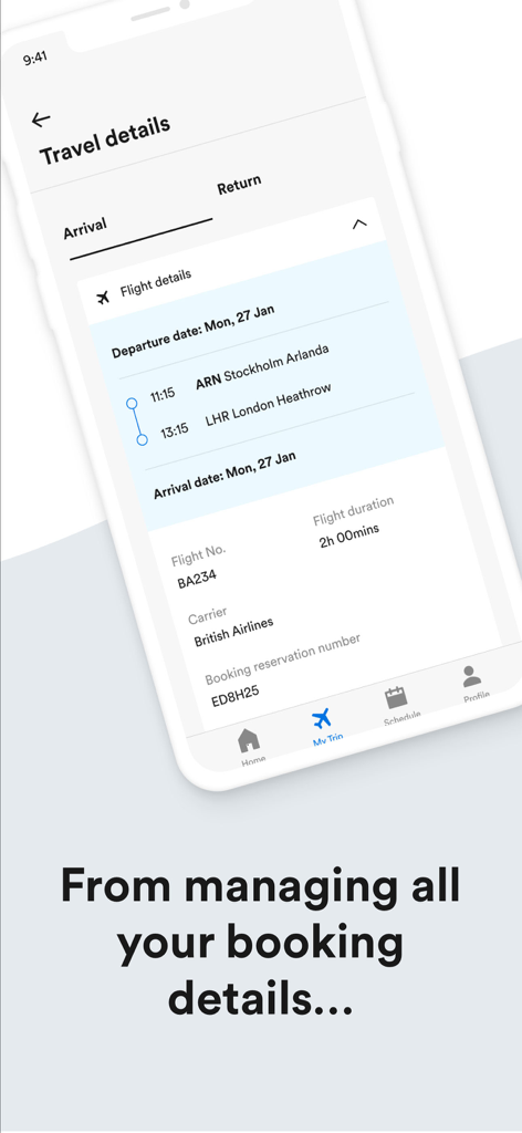 Mobile app screen showing flight booking details including arrival time and reservation number for a student travel program
