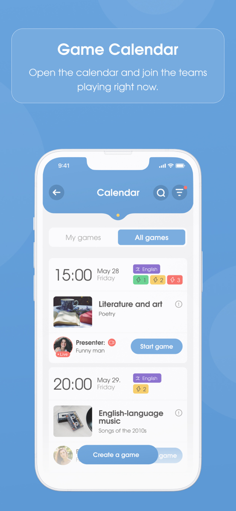 OK Battle - Captura de pantalla de la aplicación móvil OK Battle que muestra el Calendario de Juegos con partidas de trivia en vivo programadas y categorías de temas