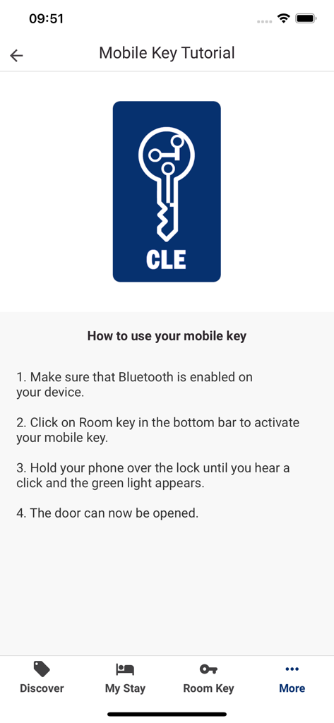 CLE KEY mobile app tutorial showing steps to unlock a door using a phone