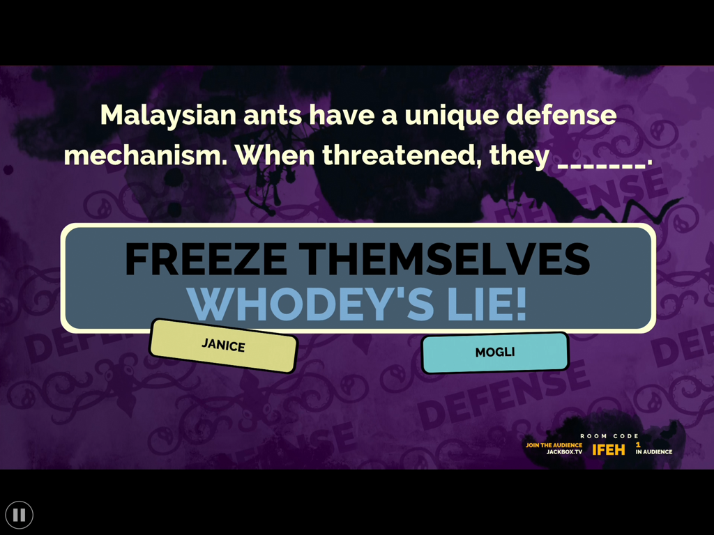 The Jackbox Party Pack 2 - Captura de pantalla de juego de pregunta de trivia de Fibbage 2 de The Jackbox Party Pack 2.