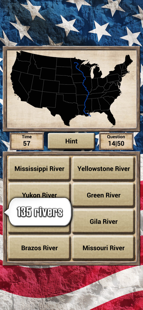 USA geography quiz interface showing a map highlighting a major river with multiple choice answers