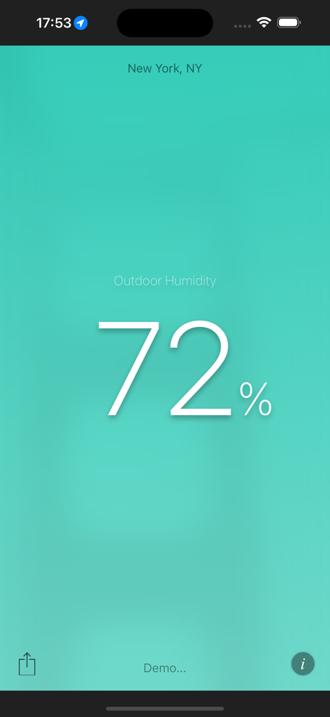 Smartphone screen of the Humidity App showing seventy two percent outdoor humidity for New York on a teal background