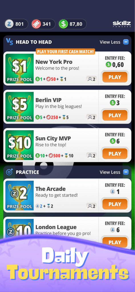 Pocket Money Pool - Win Cash - Menu showing various daily 8 ball pool tournaments with cash prizes and entry fees