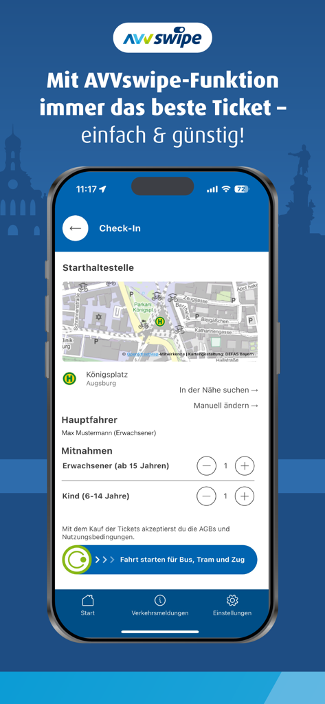 meinAVV - Check-in screen of the meinAVV app showing the AVVswipe feature for public transit in Augsburg.