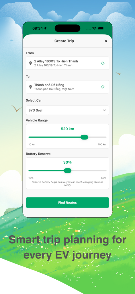Việt EV - Viet EV app screen showing smart trip planning for electric vehicle journeys in Vietnam
