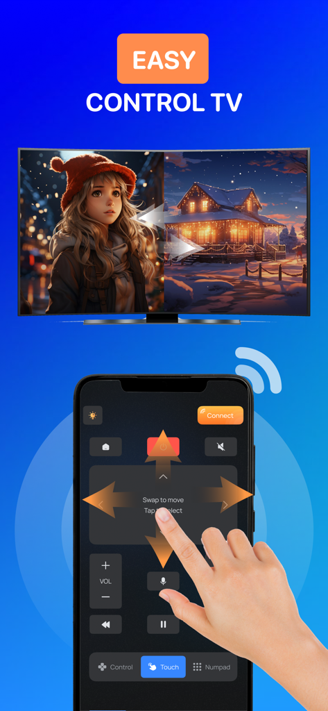 Smartphone app interface with a touch remote controlling a smart TV