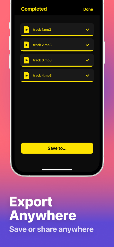 Schermata dell'app che mostra un elenco di file mp3 convertiti e un pulsante Salva in