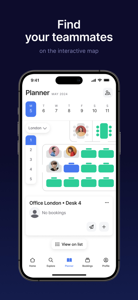 Anny bookings app interface showing an interactive office map with teammate locations and available desks