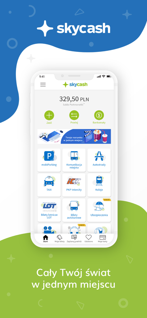 SkyCash mobile app screen showing digital wallet and transport service icons