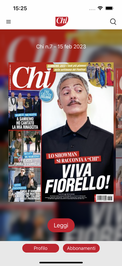 Chi - L'interface de l'application Chi affiche la couverture d'un magazine numérique mettant en vedette des célébrités italiennes et l'animateur Fiorello.