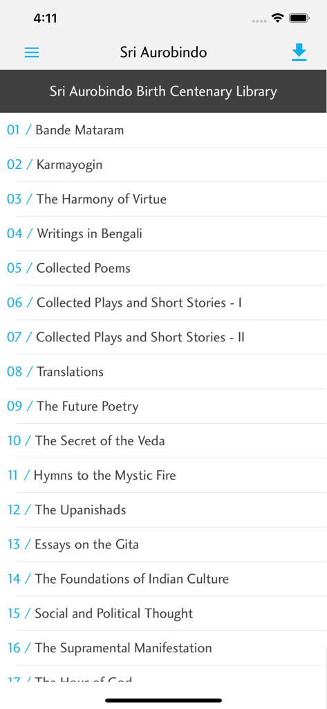 The Incarnate Word - A list of book titles from the Sri Aurobindo Birth Centenary Library in a clean digital interface.