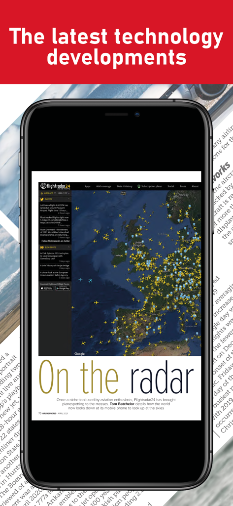 Airliner World Magazine - Smartphone che mostra un articolo di Airliner World Magazine sulla tecnologia di tracciamento dei voli