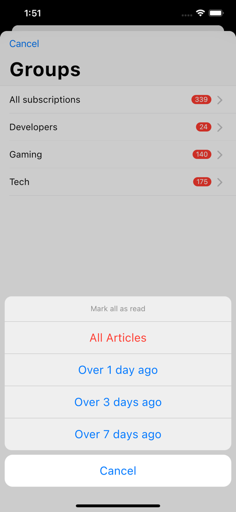Interface showing RSS subscription groups and options to mark articles as read by date in Fluent Reader Lite.