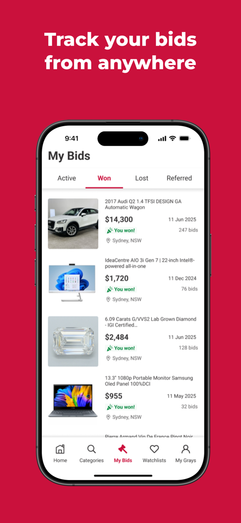 A mobile screen showing won auctions for a car, computer, and diamond on the Grays app