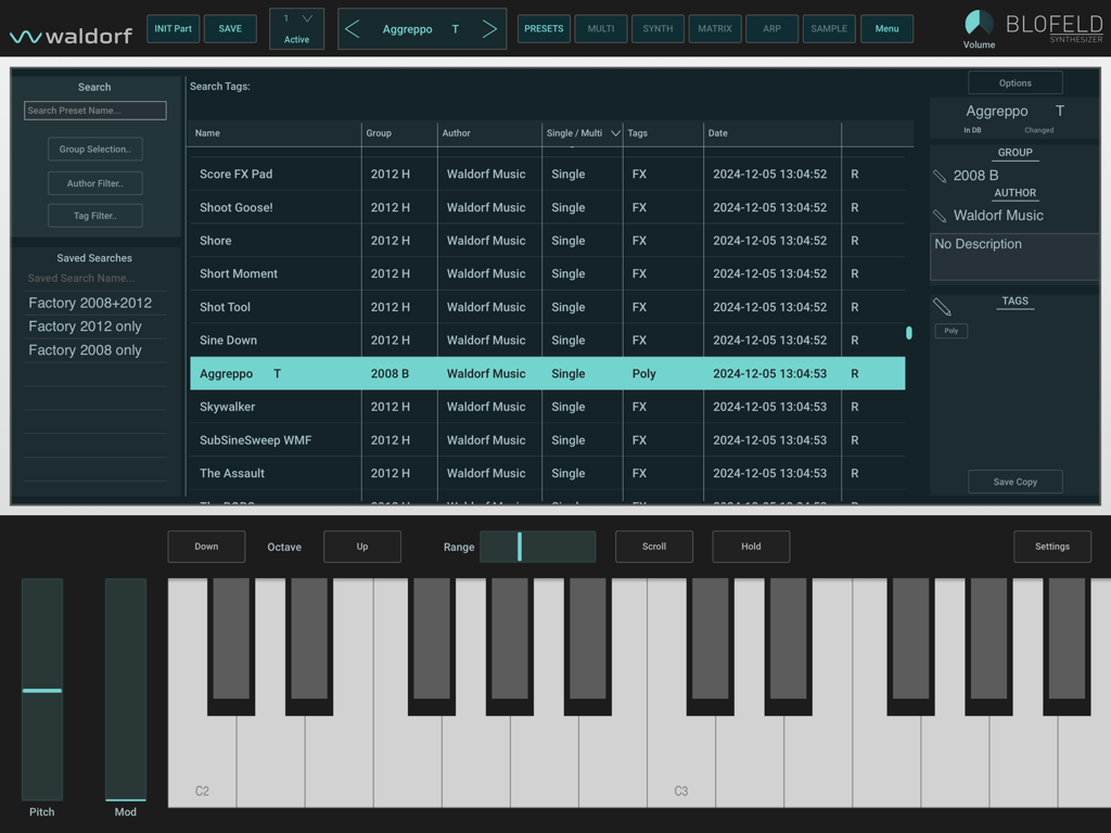 Blofeld - Interface of the Waldorf Blofeld app showing a list of sound presets and a virtual piano keyboard
