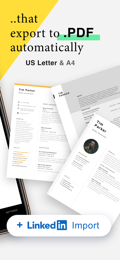 CV Maker · - CV Maker app interface showing professional resume templates with PDF export and LinkedIn import options