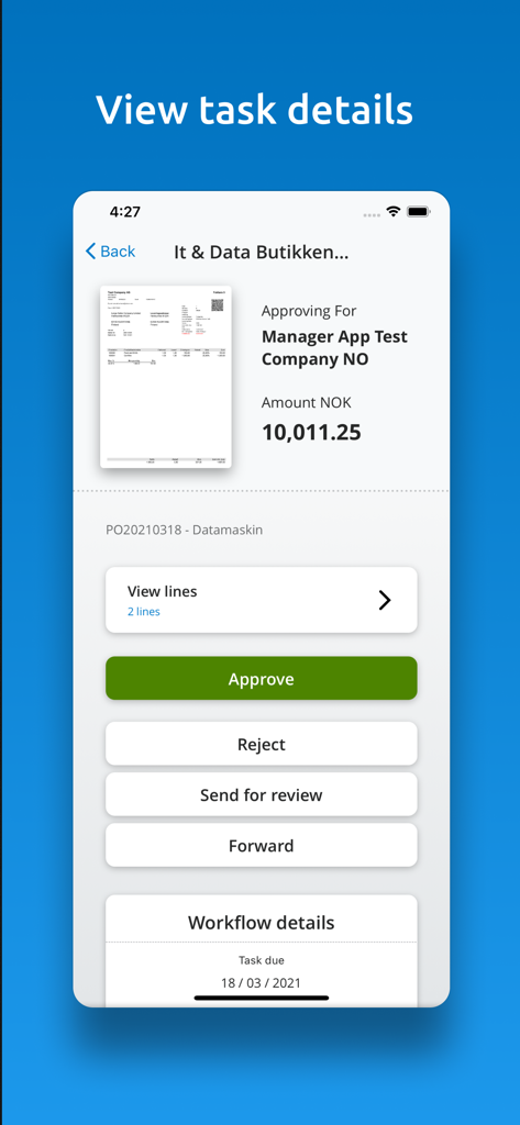 Interfaz de la aplicación Visma Manager que muestra los detalles de la tarea de factura con opciones de aprobar y rechazar.