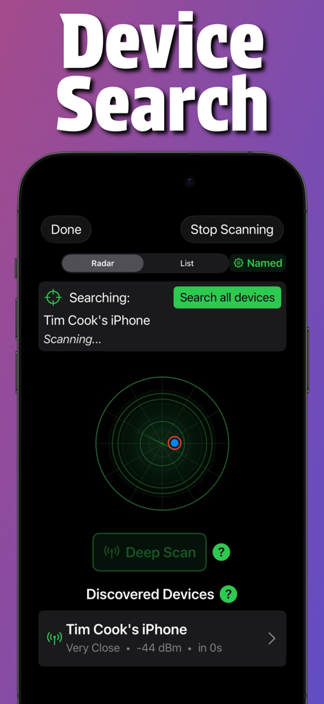 Find My Device Scanner - Bluetooth radar scanner screen for locating lost devices with proximity sensing