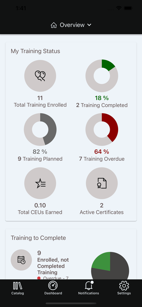 Learn365 모바일 앱의 교육 상태 및 자격증 개요