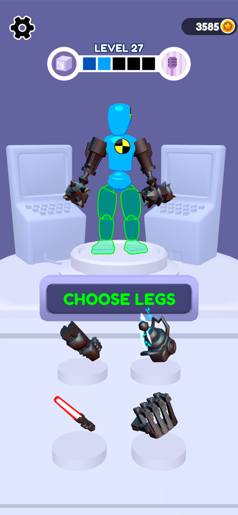 Merge Ragdoll Fighting - Charakteranpassungsbildschirm in Merge Ragdoll Fighting, der einen blauen Ragdoll-Kämpfer in einer Laborumgebung mit Optionen zur Auswahl von Beinen und Waffen zeigt