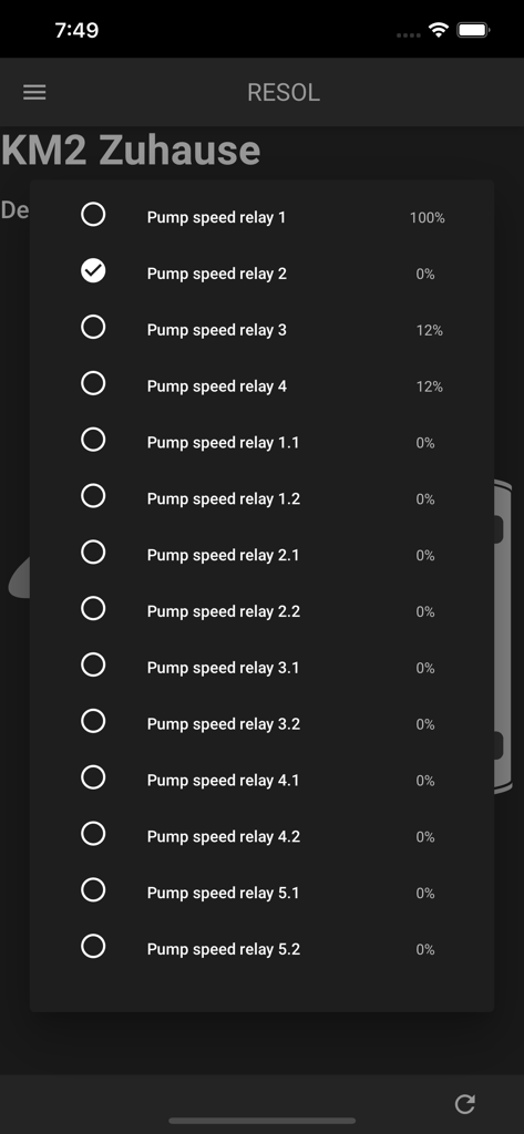 VBus®Touch FK - A list of pump speed relay levels and percentages within the VBus Touch FK monitoring app interface