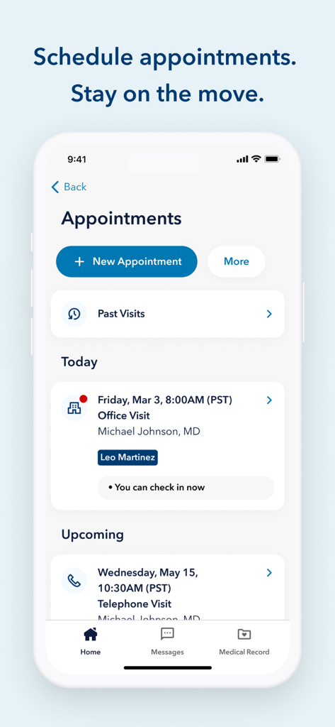 Kaiser Permanente - Kaiser Permanente app interface showing scheduled medical appointments and a new appointment booking button.
