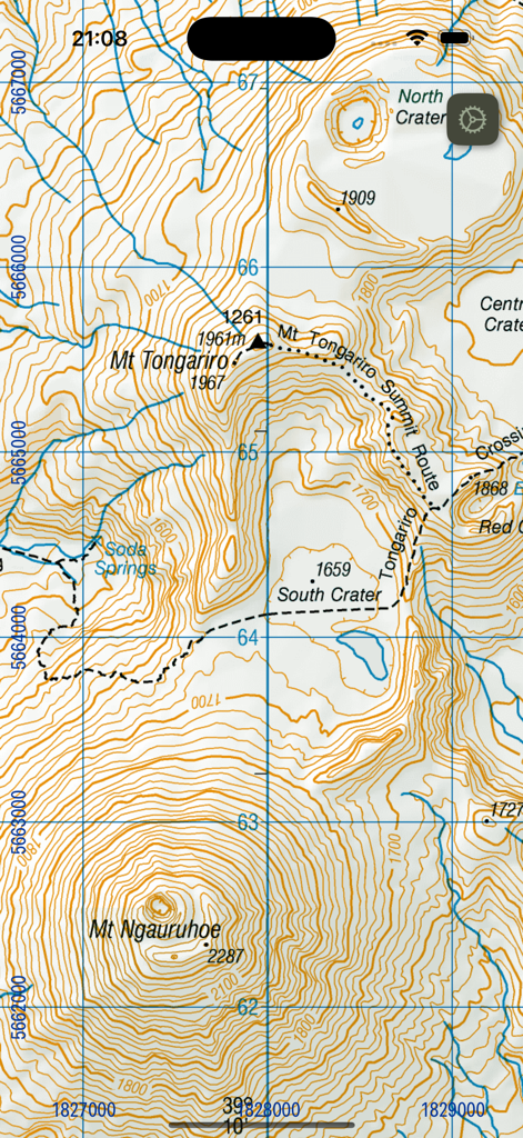 MapApp NZ North Island - Topographic map showing Mt Tongariro and Mt Ngauruhoe with hiking routes and contour lines