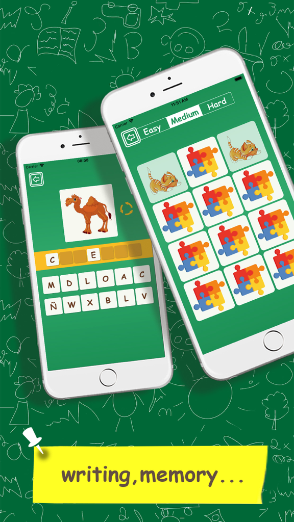 Learn Spanish For Children - Mobile app screenshots showing Spanish writing and memory games for children.