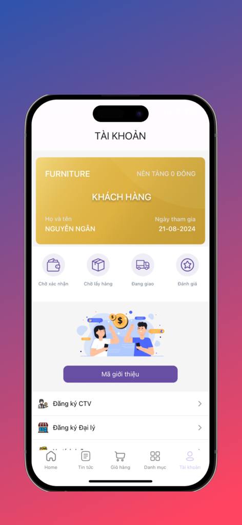 TNT.TV Shop - User account profile screen of the TNT.TV Shop app showing membership details and order status icons