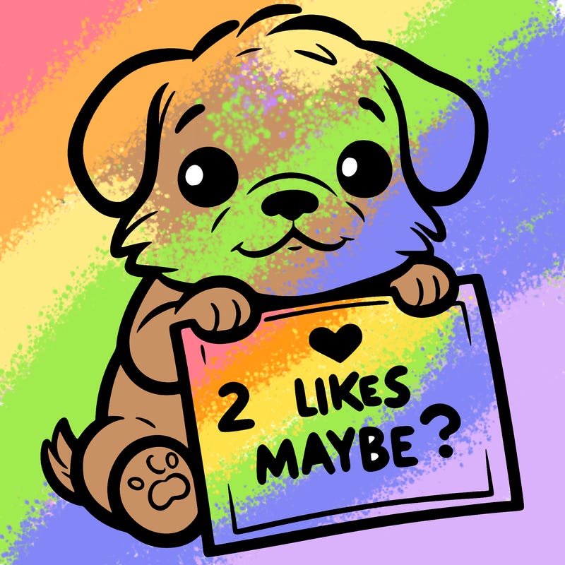 a puppy holding a sign that says 2 likes maybe?
