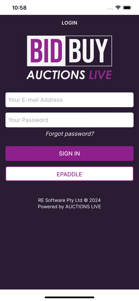Login screen of the Bid Buy real estate auction app with sign in and epaddle buttons