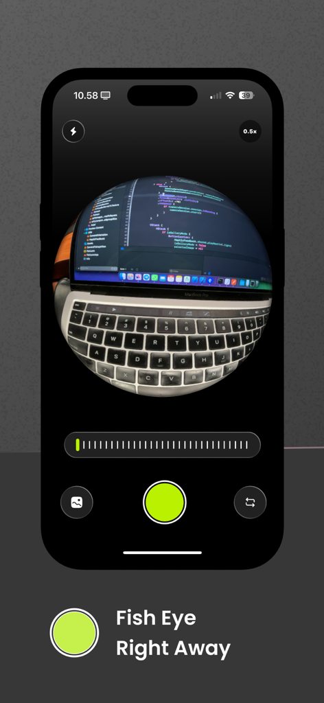FishLens: A Fish Eye Camera - Interface of FishLens app showing a fisheye distortion camera preview
