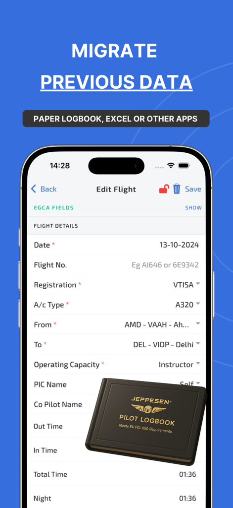 Wingman Pilot Logbook - Wingman Pilot Logbook app interface for migrating flight data from paper logs or Excel
