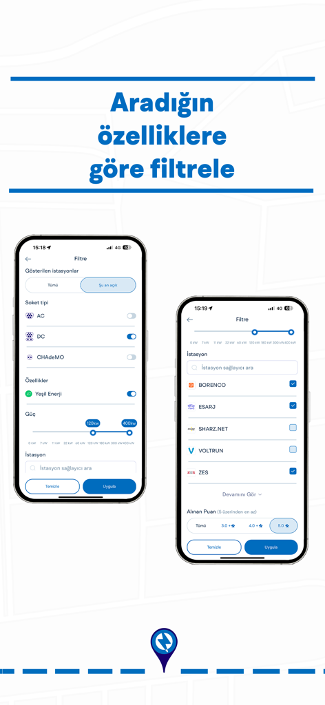 ChargeIQ-Tüm Şarj İstasyonları - ChargeIQ mobile App Filterbildschirme für E-Auto-Ladestationstyp, Leistung und Bewertungen
