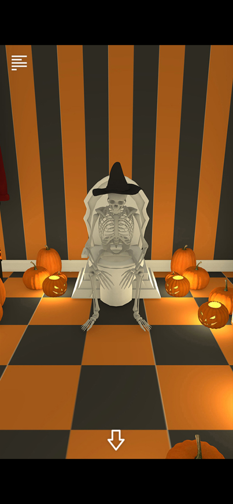 Um esqueleto caprichoso com chapéu de bruxa sentado em um trono cercado por abóboras brilhantes em uma sala de jogo de fuga de Halloween.