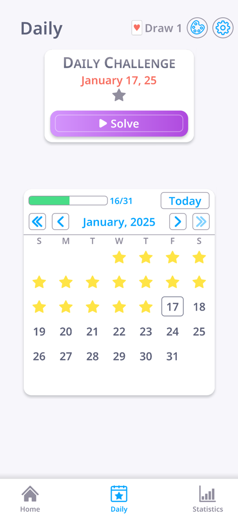 Solitaire app screen showing the January 2025 Daily Challenge calendar with completed stars and a Solve button