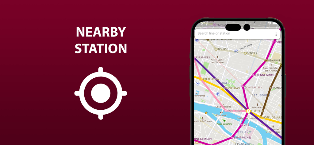 Interface de aplicativo móvel mostrando um mapa de transporte com um recurso de localização de estação próxima